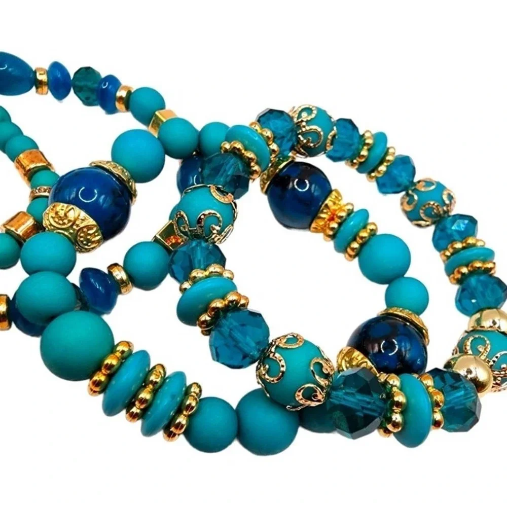 Turquoise Bohemian Glass Charms Bracelet Stretchable Boho Style Blue Jewelry - Picture 7 of 7